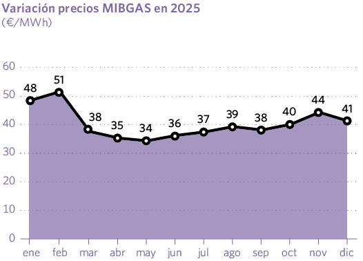 Variación precios MIBGAS en 2025 (€/MWh)